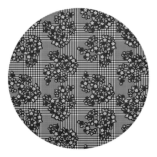 Black And White Floral Glen Plaid Print Round Blanket