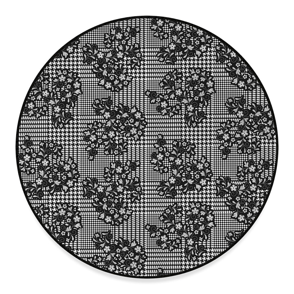 Black And White Floral Glen Plaid Print Round Floor Mat