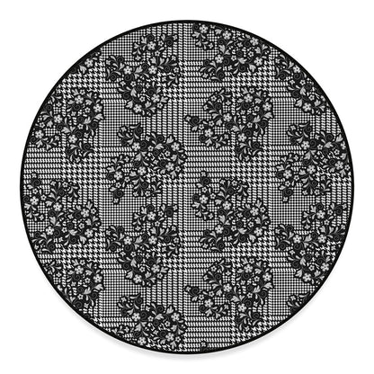 Black And White Floral Glen Plaid Print Round Floor Mat