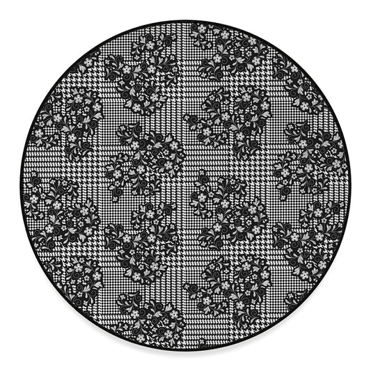 Black And White Floral Glen Plaid Print Round Floor Mat