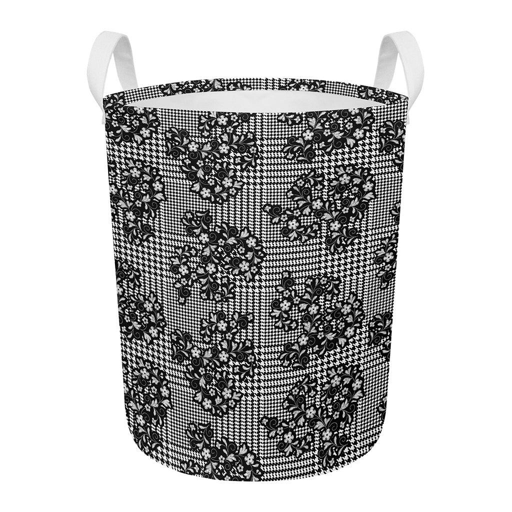 Black And White Floral Glen Plaid Print Round Laundry Basket