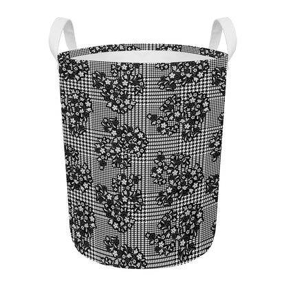 Black And White Floral Glen Plaid Print Round Laundry Basket
