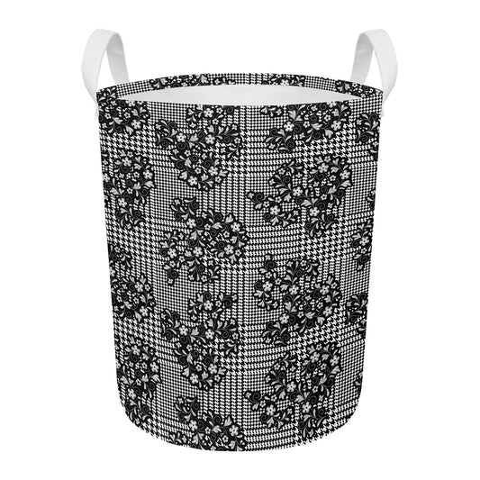 Black And White Floral Glen Plaid Print Round Laundry Basket