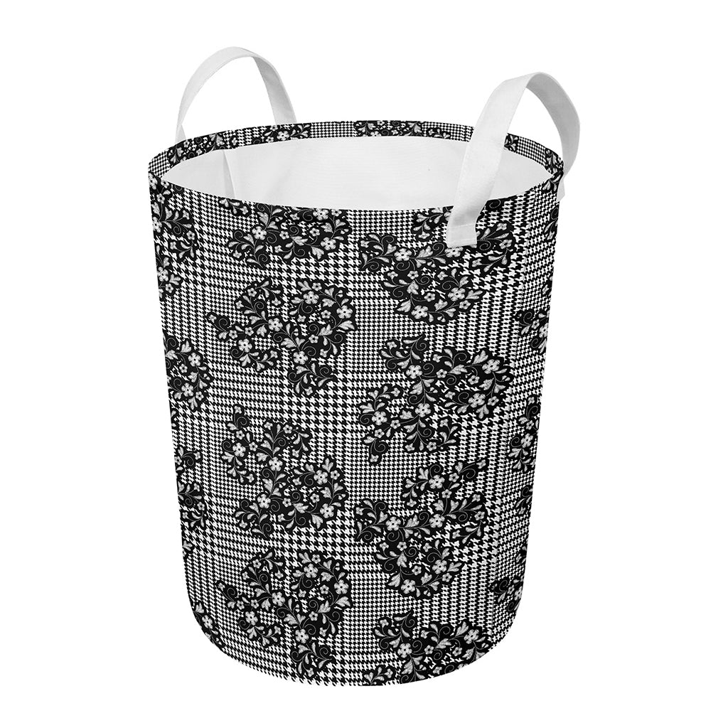 Black And White Floral Glen Plaid Print Round Laundry Basket