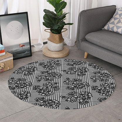 Black And White Floral Glen Plaid Print Round Rug