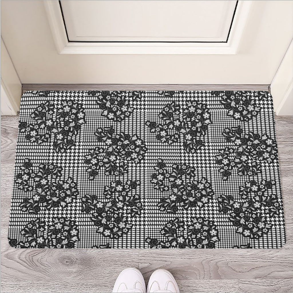 Black And White Floral Glen Plaid Print Rubber Doormat