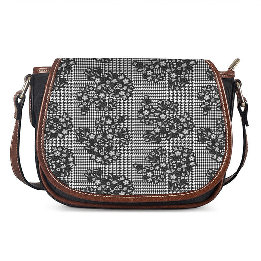Black And White Floral Glen Plaid Print Saddle Bag
