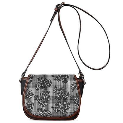 Black And White Floral Glen Plaid Print Saddle Bag