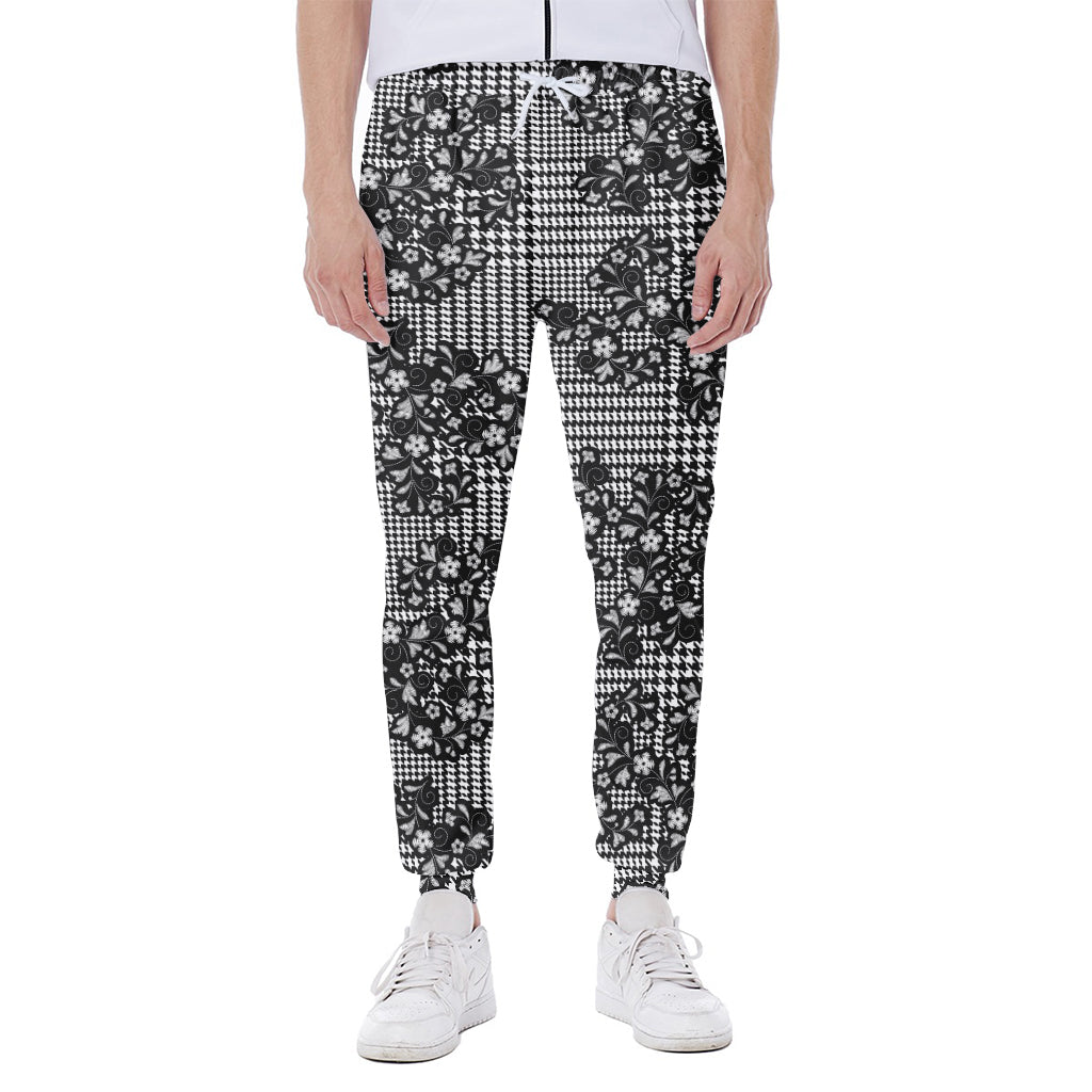 Black And White Floral Glen Plaid Print Scuba Joggers