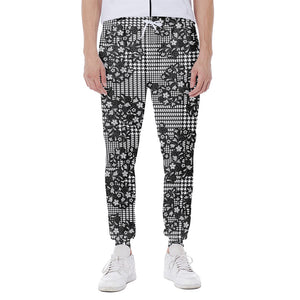 Black And White Floral Glen Plaid Print Scuba Joggers