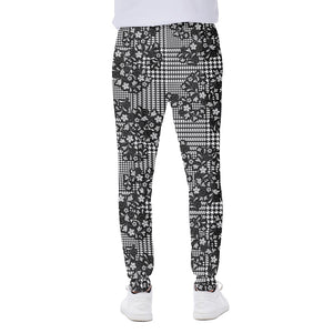 Black And White Floral Glen Plaid Print Scuba Joggers