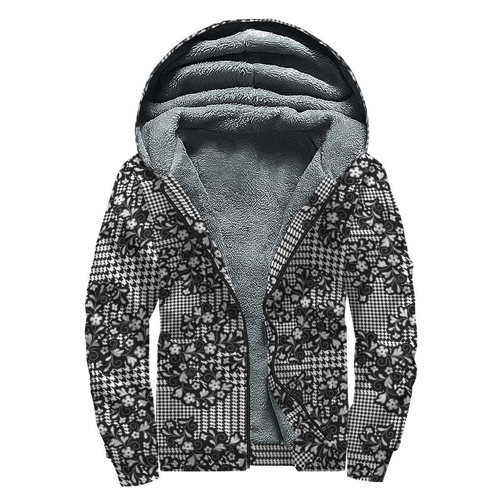 Black And White Floral Glen Plaid Print Sherpa Lined Zip Up Hoodie