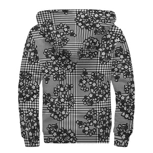 Black And White Floral Glen Plaid Print Sherpa Lined Zip Up Hoodie