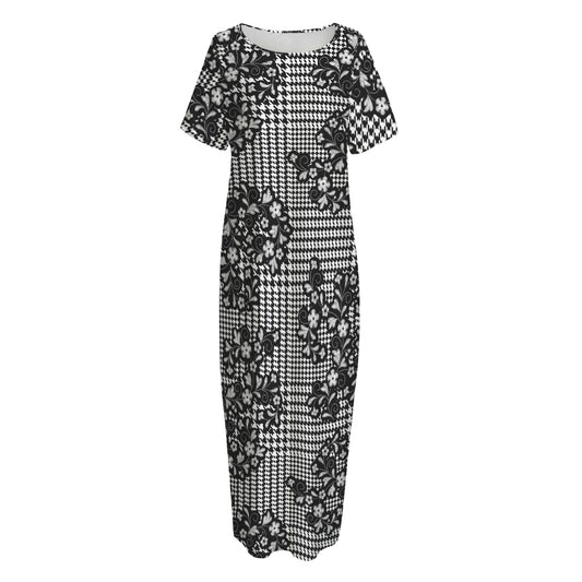 Black And White Floral Glen Plaid Print Short Sleeve Long Nightdress