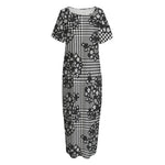 Black And White Floral Glen Plaid Print Short Sleeve Long Nightdress