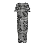 Black And White Floral Glen Plaid Print Short Sleeve Long Nightdress