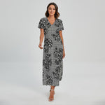 Black And White Floral Glen Plaid Print Short Sleeve Maxi Dress