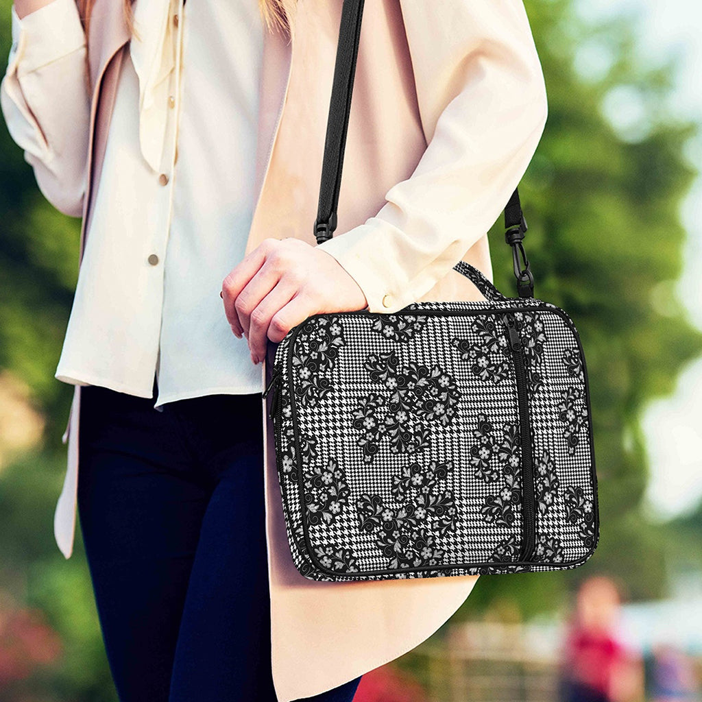 Black And White Floral Glen Plaid Print Shoulder Strap Bible Bag