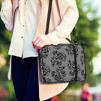 Black And White Floral Glen Plaid Print Shoulder Strap Bible Bag