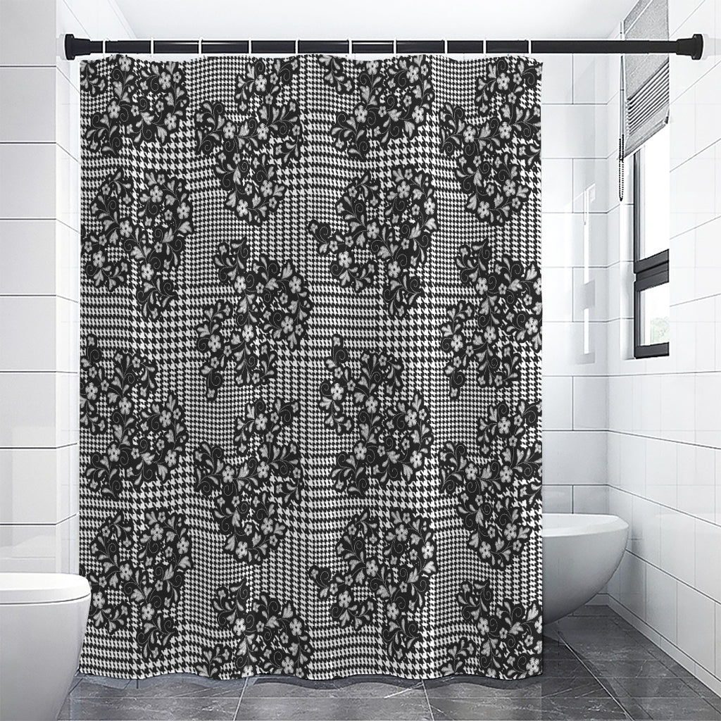 Black And White Floral Glen Plaid Print Shower Curtain
