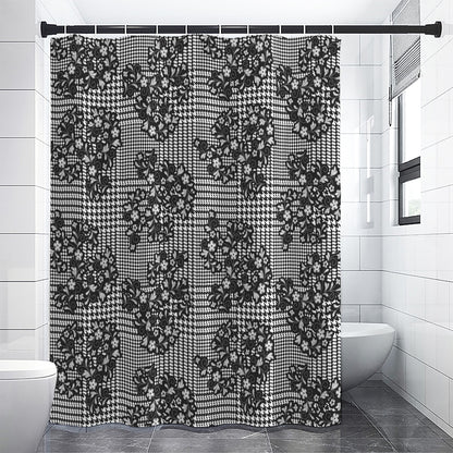 Black And White Floral Glen Plaid Print Shower Curtain