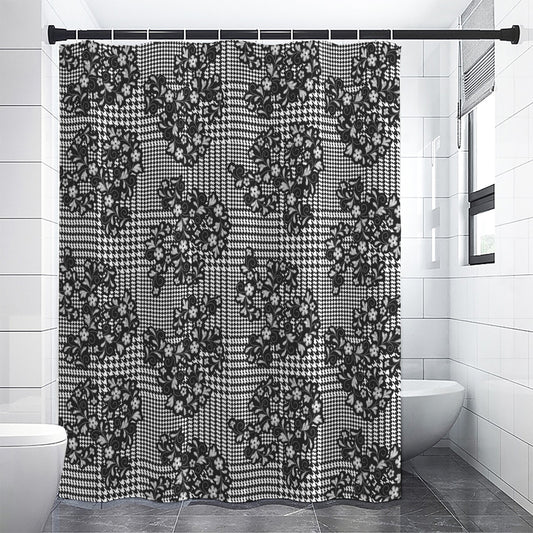 Black And White Floral Glen Plaid Print Shower Curtain