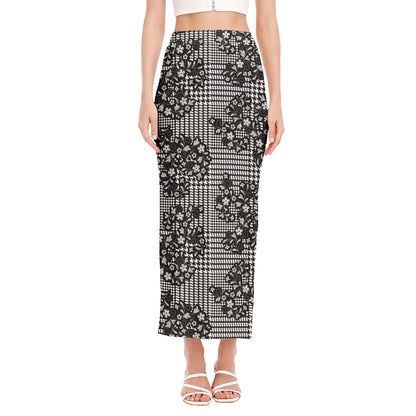 Black And White Floral Glen Plaid Print Side Slit Maxi Skirt