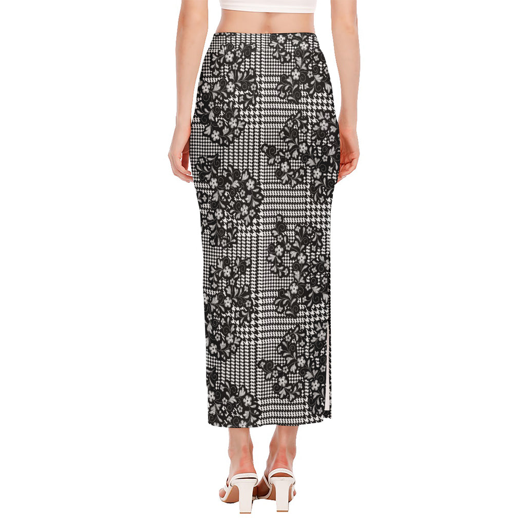 Black And White Floral Glen Plaid Print Side Slit Maxi Skirt