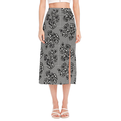 Black And White Floral Glen Plaid Print Side Slit Midi Skirt