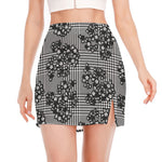 Black And White Floral Glen Plaid Print Side Slit Mini Skirt
