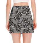 Black And White Floral Glen Plaid Print Side Slit Mini Skirt