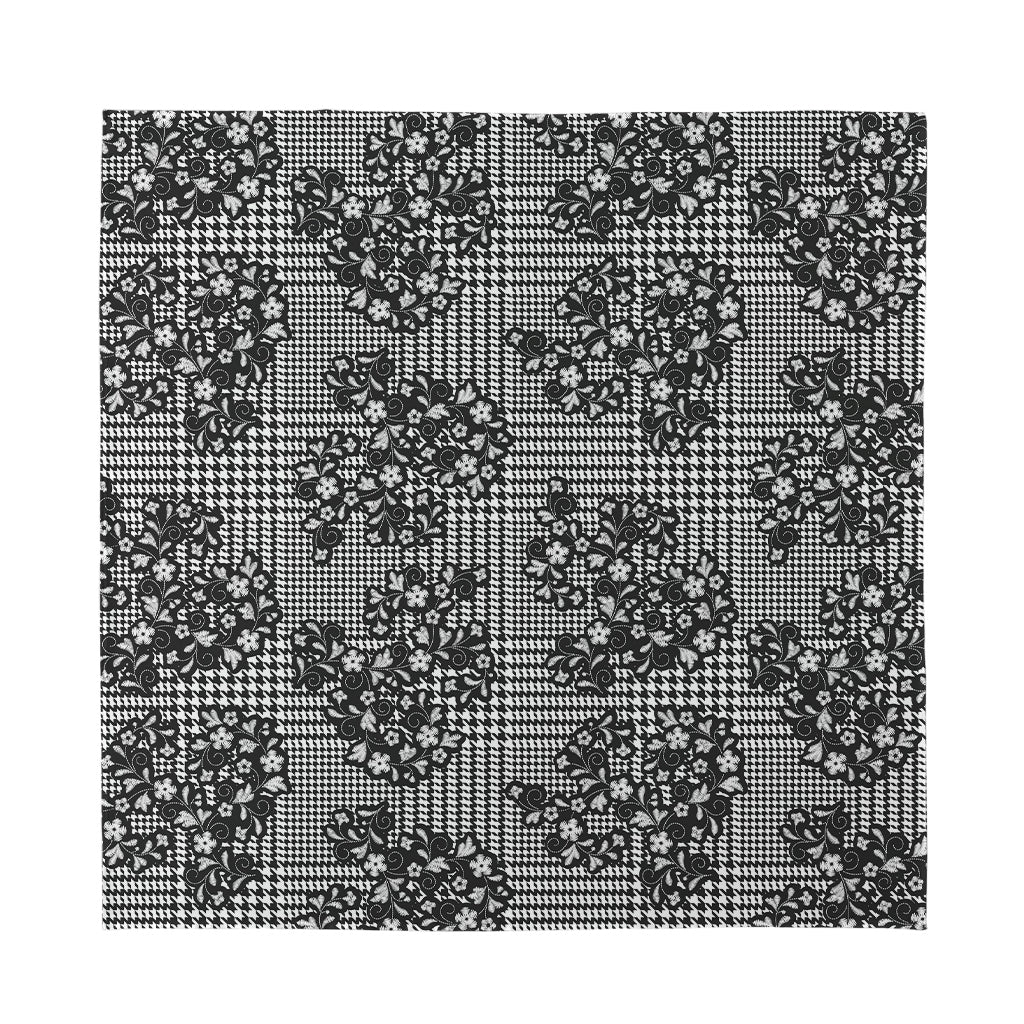 Black And White Floral Glen Plaid Print Silk Bandana