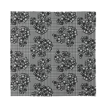 Black And White Floral Glen Plaid Print Silk Bandana