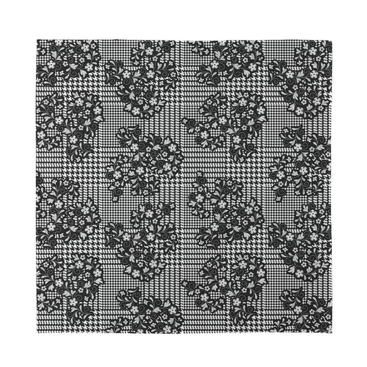 Black And White Floral Glen Plaid Print Silk Bandana