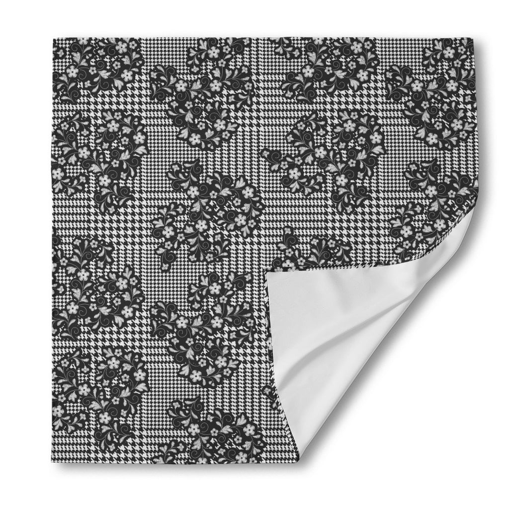 Black And White Floral Glen Plaid Print Silk Bandana