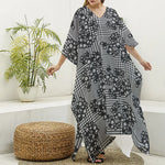 Black And White Floral Glen Plaid Print Silk V-Neck Kaftan Dress