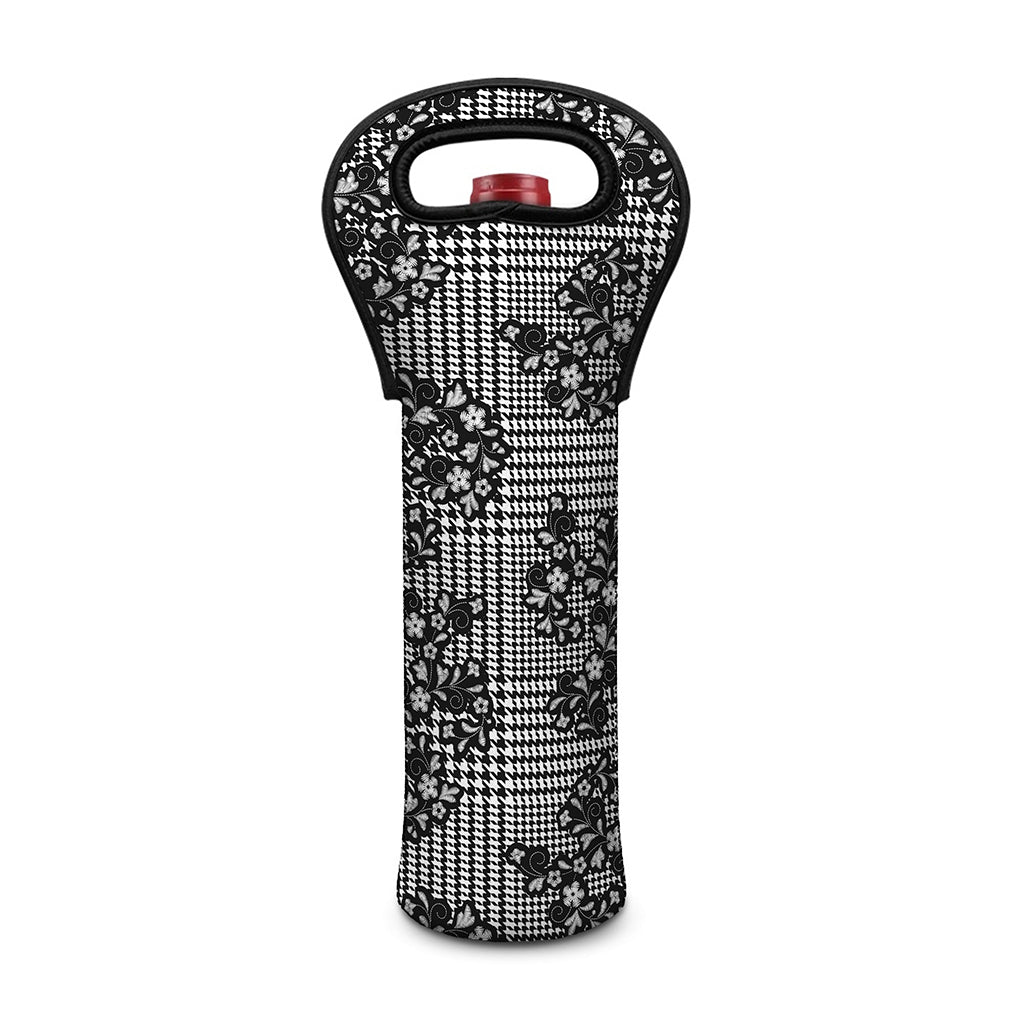 Black And White Floral Glen Plaid Print Single Neoprene Wine Tote