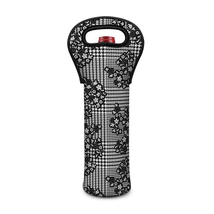 Black And White Floral Glen Plaid Print Single Neoprene Wine Tote