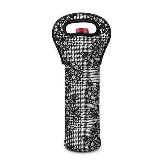 Black And White Floral Glen Plaid Print Single Neoprene Wine Tote