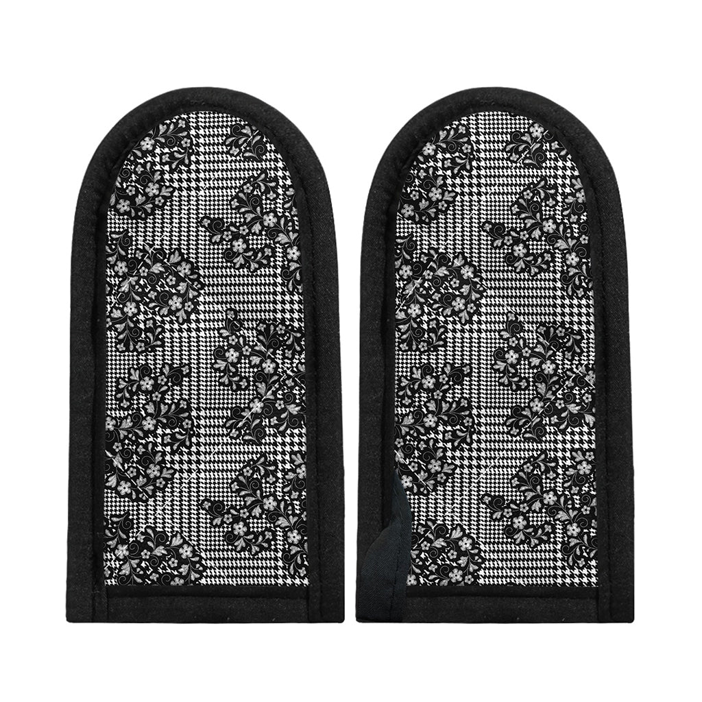 Black And White Floral Glen Plaid Print Skillet Handle Cover