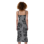 Black And White Floral Glen Plaid Print Slim Fit Midi Cami Dress