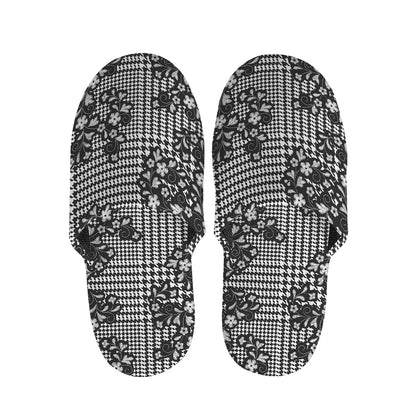 Black And White Floral Glen Plaid Print Slippers