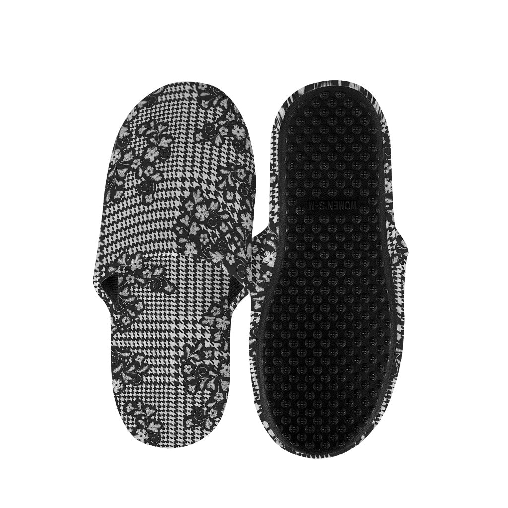Black And White Floral Glen Plaid Print Slippers