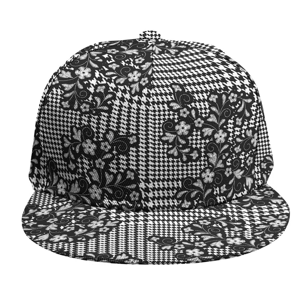 Black And White Floral Glen Plaid Print Snapback Cap