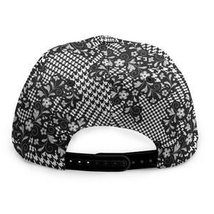 Black And White Floral Glen Plaid Print Snapback Cap