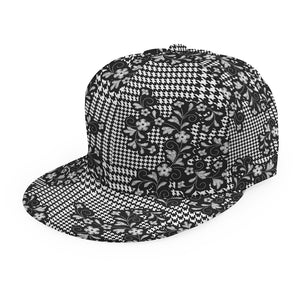 Black And White Floral Glen Plaid Print Snapback Cap