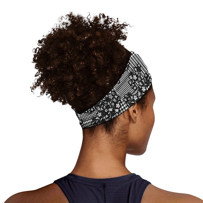 Black And White Floral Glen Plaid Print Sports Headband