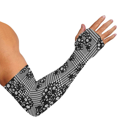 Black And White Floral Glen Plaid Print Sun Protection Arm Sleeves