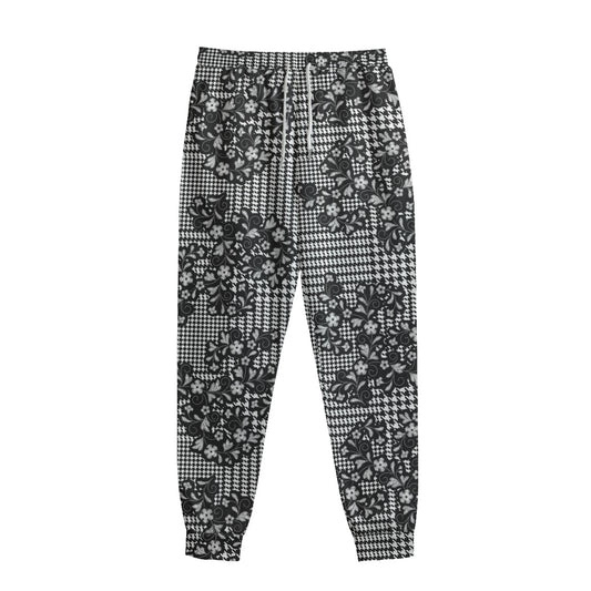 Black And White Floral Glen Plaid Print Sweatpants