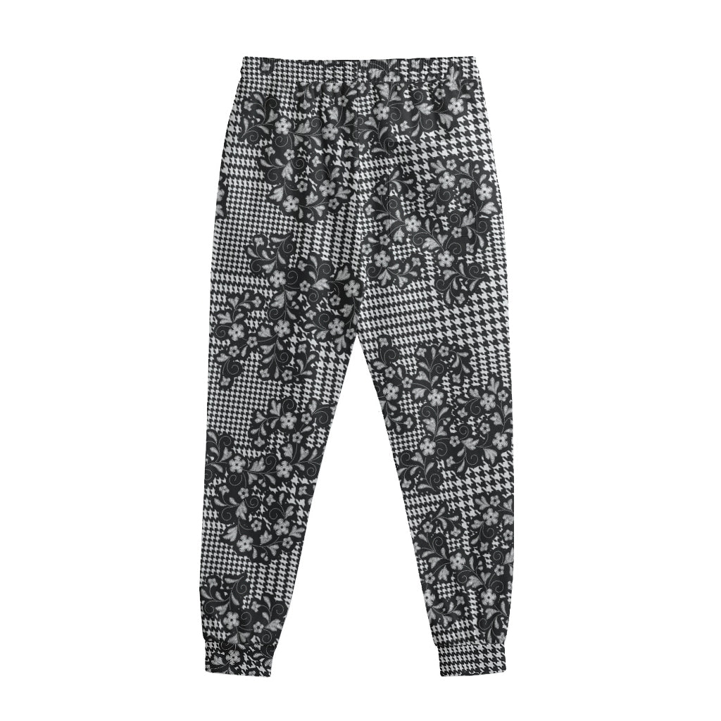 Black And White Floral Glen Plaid Print Sweatpants